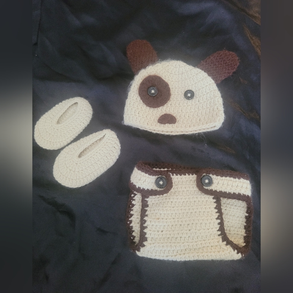 Adorable Cream and Brown Dog Crochet Set (NEWBORN -3MTHS)